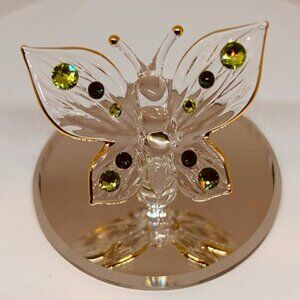Glass Butterfly Figurine with Green Crystals on Mirror Base Gold Trim Home Decor